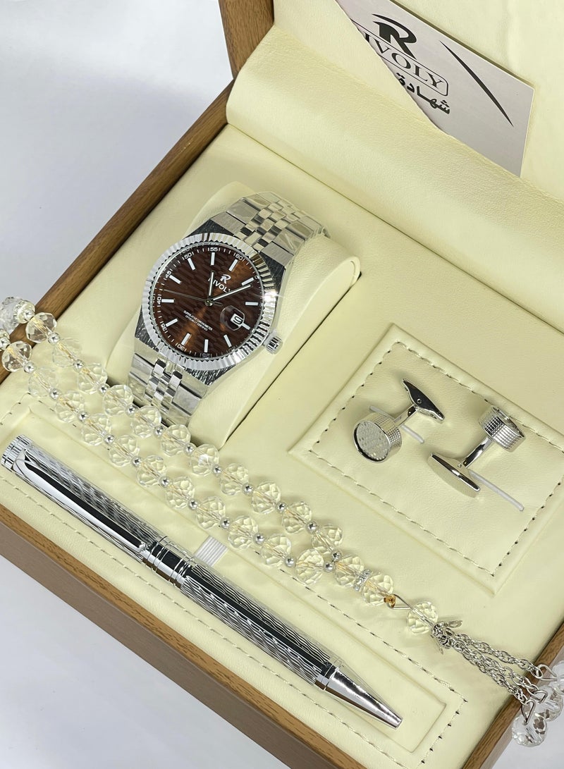RR Men's stainless steel set consisting of a watch, a rosary, a pen and cufflinks
