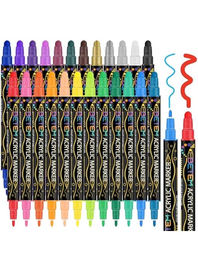 اقلام تلوين اكريليك براس مزدوج 24 لون من بيتيم، اقلام طلاء اكريليك فاخرة للخشب والقماش والحجر والطلاء الصخري والزجاج والاسطح الخزفية، لوازم فنية للحرف اليدوية - Image 1