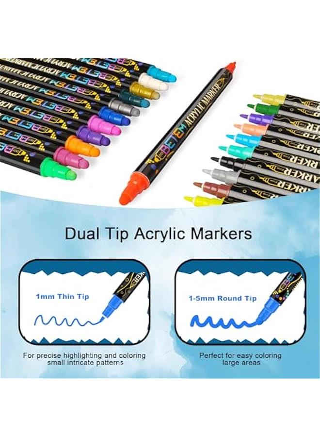 اقلام تلوين اكريليك براس مزدوج 24 لون من بيتيم، اقلام طلاء اكريليك فاخرة للخشب والقماش والحجر والطلاء الصخري والزجاج والاسطح الخزفية، لوازم فنية للحرف اليدوية - Image 3