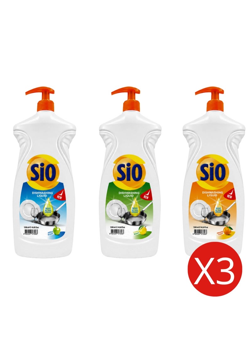 SIO Dishwashing Liquid, 1350ml x 3 Bottles (Lemon, Apple, Orange) for Grease & Food Residue