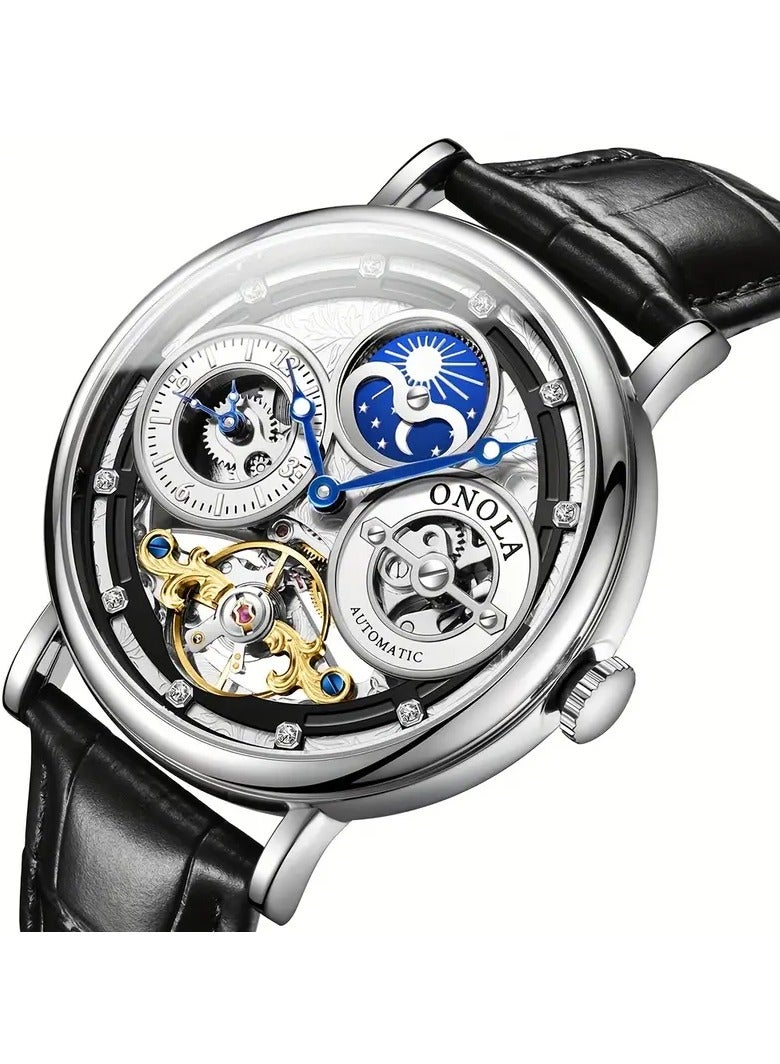 أونولا ساعة أو نولا الأنيقة للرجال الأوتوماتيكية، تصميم ثقوب مزدوجة، أسلوب عمل، قرص دائري، علبة سبائك، حزام من جلد العجل، حركة ميكانيكية، عرض لـ 24 ساعة، نوع مؤشر، غير مقاومة للماء، غير مشحونة، ساعة هيكلية بتفاصيل من الأحجار الكريمة، بدون بطارية - Image 1