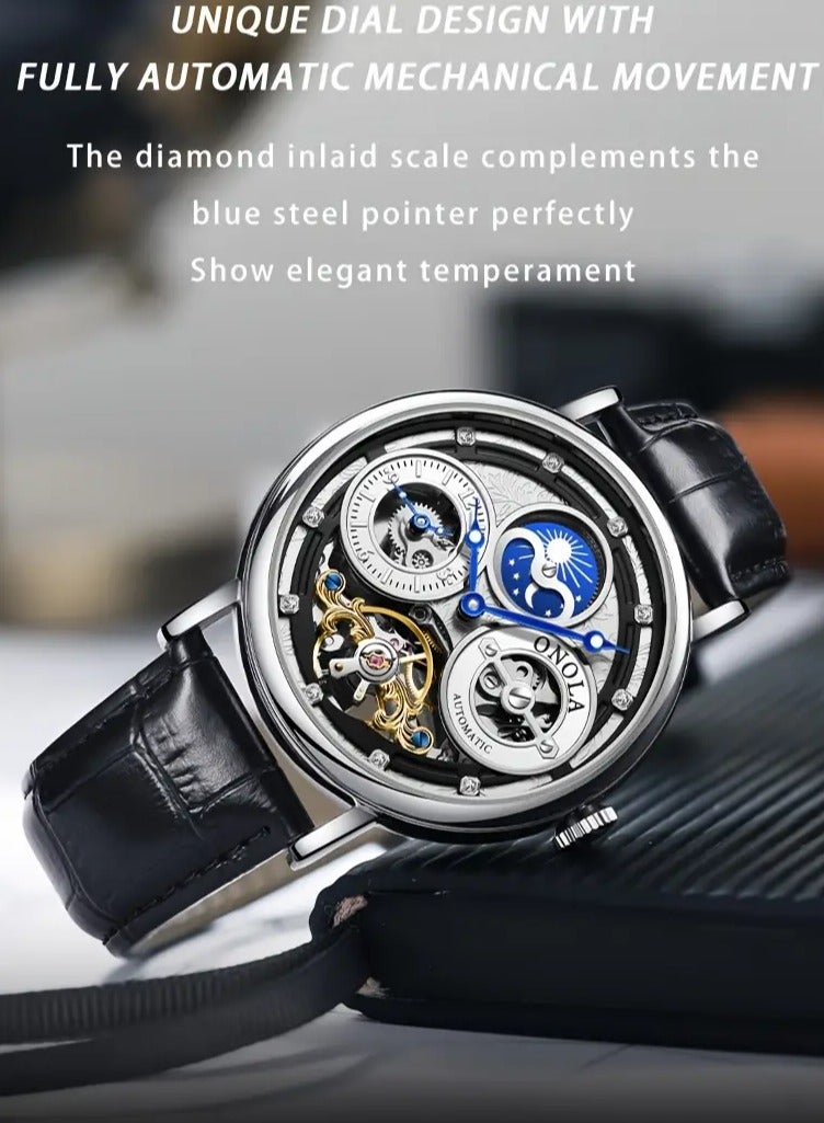 أونولا ساعة أو نولا الأنيقة للرجال الأوتوماتيكية، تصميم ثقوب مزدوجة، أسلوب عمل، قرص دائري، علبة سبائك، حزام من جلد العجل، حركة ميكانيكية، عرض لـ 24 ساعة، نوع مؤشر، غير مقاومة للماء، غير مشحونة، ساعة هيكلية بتفاصيل من الأحجار الكريمة، بدون بطارية - Image 2