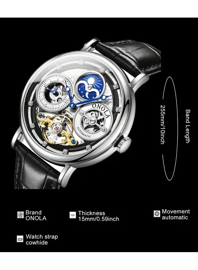 أونولا ساعة أو نولا الأنيقة للرجال الأوتوماتيكية، تصميم ثقوب مزدوجة، أسلوب عمل، قرص دائري، علبة سبائك، حزام من جلد العجل، حركة ميكانيكية، عرض لـ 24 ساعة، نوع مؤشر، غير مقاومة للماء، غير مشحونة، ساعة هيكلية بتفاصيل من الأحجار الكريمة، بدون بطارية - Image 3