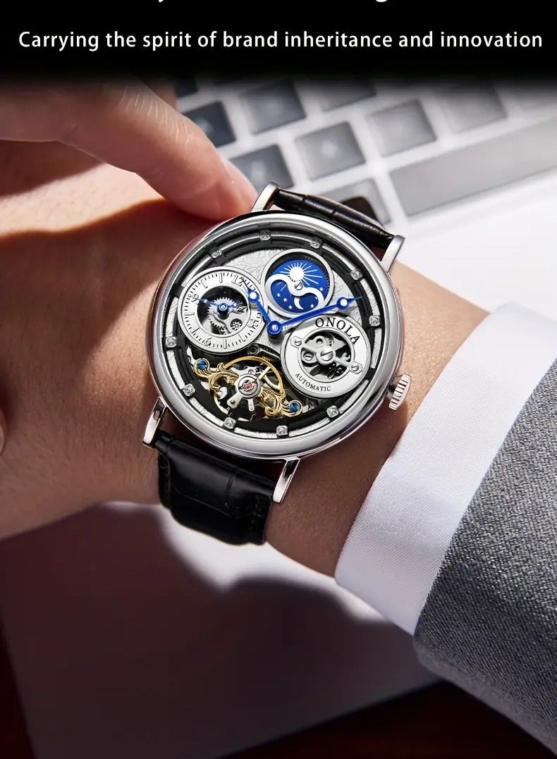 أونولا ساعة أو نولا الأنيقة للرجال الأوتوماتيكية، تصميم ثقوب مزدوجة، أسلوب عمل، قرص دائري، علبة سبائك، حزام من جلد العجل، حركة ميكانيكية، عرض لـ 24 ساعة، نوع مؤشر، غير مقاومة للماء، غير مشحونة، ساعة هيكلية بتفاصيل من الأحجار الكريمة، بدون بطارية - Image 4