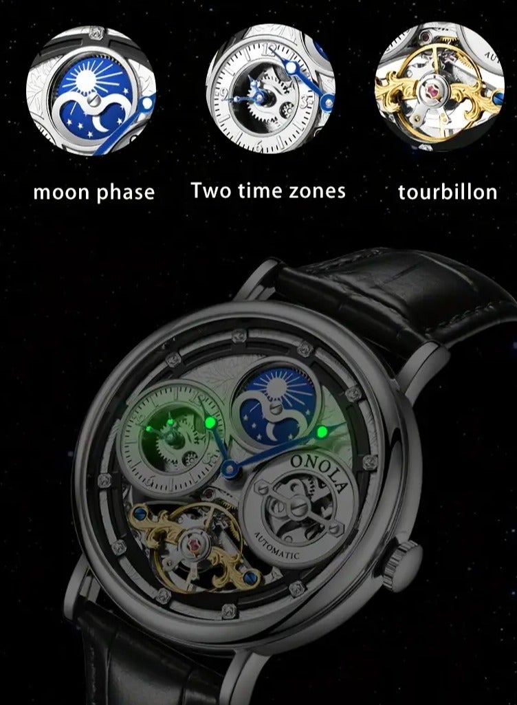 أونولا ساعة أو نولا الأنيقة للرجال الأوتوماتيكية، تصميم ثقوب مزدوجة، أسلوب عمل، قرص دائري، علبة سبائك، حزام من جلد العجل، حركة ميكانيكية، عرض لـ 24 ساعة، نوع مؤشر، غير مقاومة للماء، غير مشحونة، ساعة هيكلية بتفاصيل من الأحجار الكريمة، بدون بطارية - Image 5
