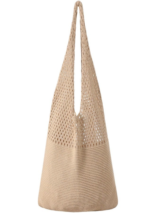Premillow Crochet Beach Tote Bags, Stylish Mesh Beach Bags Shoulder Bag for Women, Cute Summer Vacation Boho Tote Bag, Khaki, 15x7x22.8in - Image 1