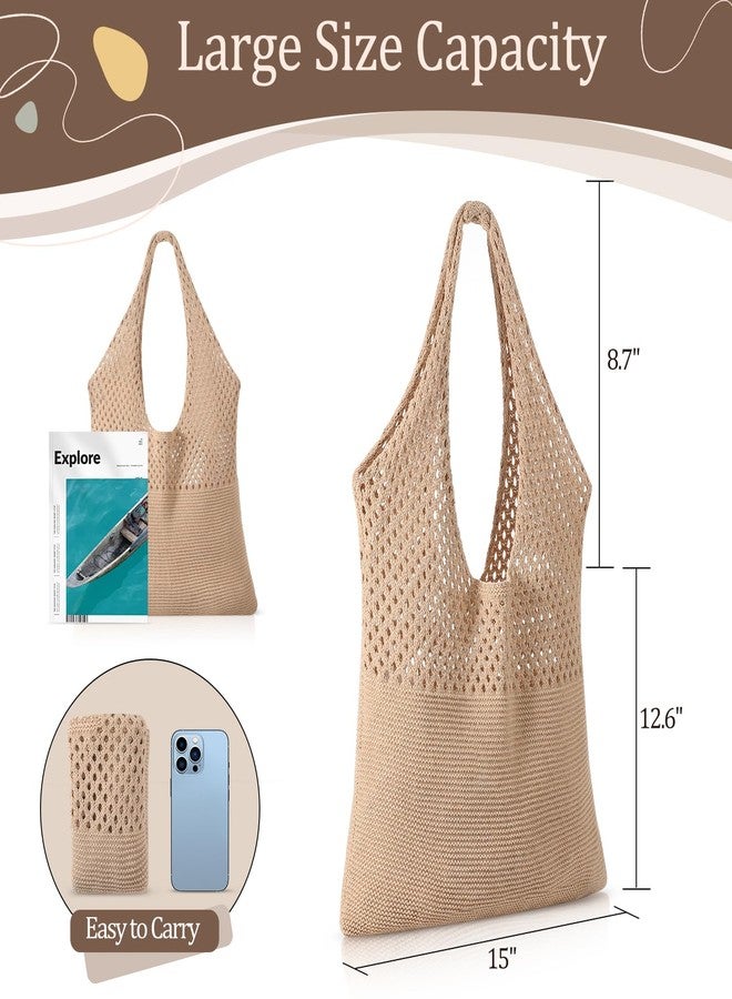 Premillow Crochet Beach Tote Bags, Stylish Mesh Beach Bags Shoulder Bag for Women, Cute Summer Vacation Boho Tote Bag, Khaki, 15x7x22.8in - Image 2