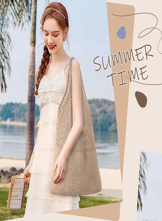 Premillow Crochet Beach Tote Bags, Stylish Mesh Beach Bags Shoulder Bag for Women, Cute Summer Vacation Boho Tote Bag, Khaki, 15x7x22.8in - Image 3