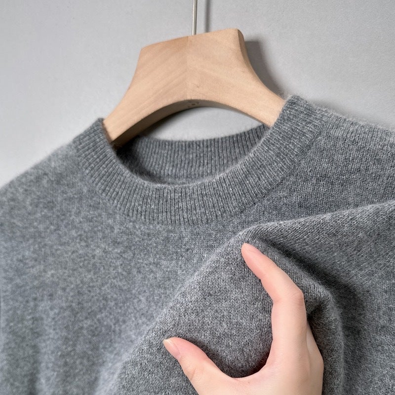 9 colors optional] semi-high collar solid color sweater mens round neck sweater casual fashion base shirt young and middle-aged simple medium gray round neck