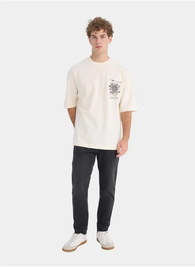 ديفاكتو DeFacto Men Beige Printed Crew Neck Short Sleeve TShirt
