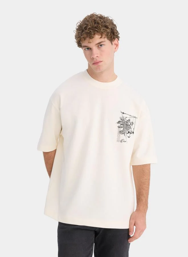 DeFacto DeFacto Men Beige Printed Crew Neck Short Sleeve TShirt