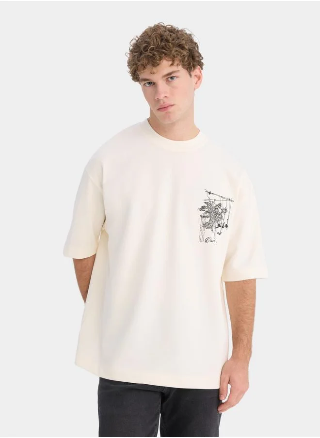 ديفاكتو DeFacto Men Beige Printed Crew Neck Short Sleeve TShirt