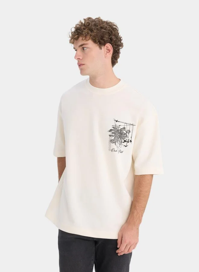 DeFacto DeFacto Men Beige Printed Crew Neck Short Sleeve TShirt