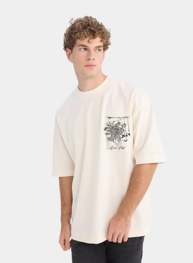 DeFacto DeFacto Men Beige Printed Crew Neck Short Sleeve TShirt