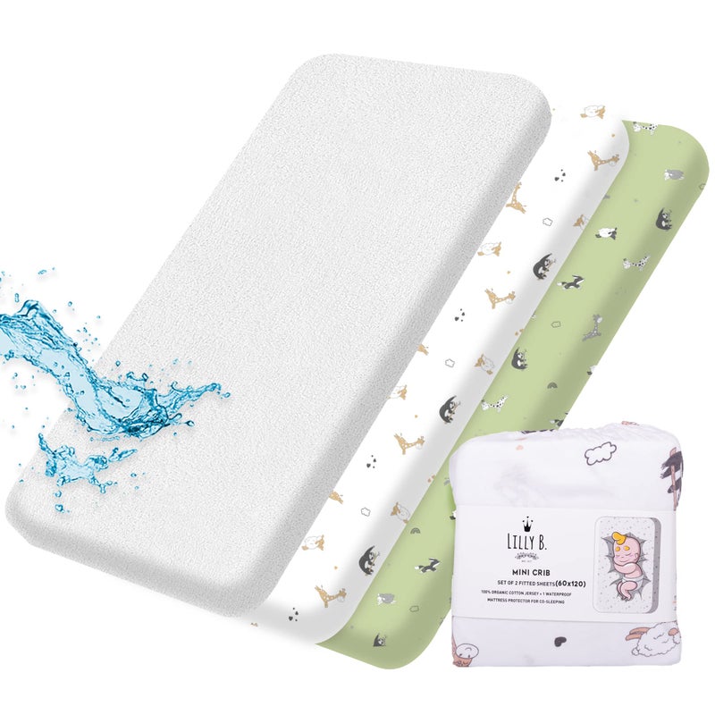 Lilly Belly Lilly Belly B. Set of 2 Fitted Sheets 60 x 120 cm + 1 Waterproof Mattress Protector, Mattress Protector 60 x 120 cm Baby Bed, Waterproof Fitted Sheet 60 x 120 cm Baby Bed, Unisex Patterns (Pack of 3)  - Image 1