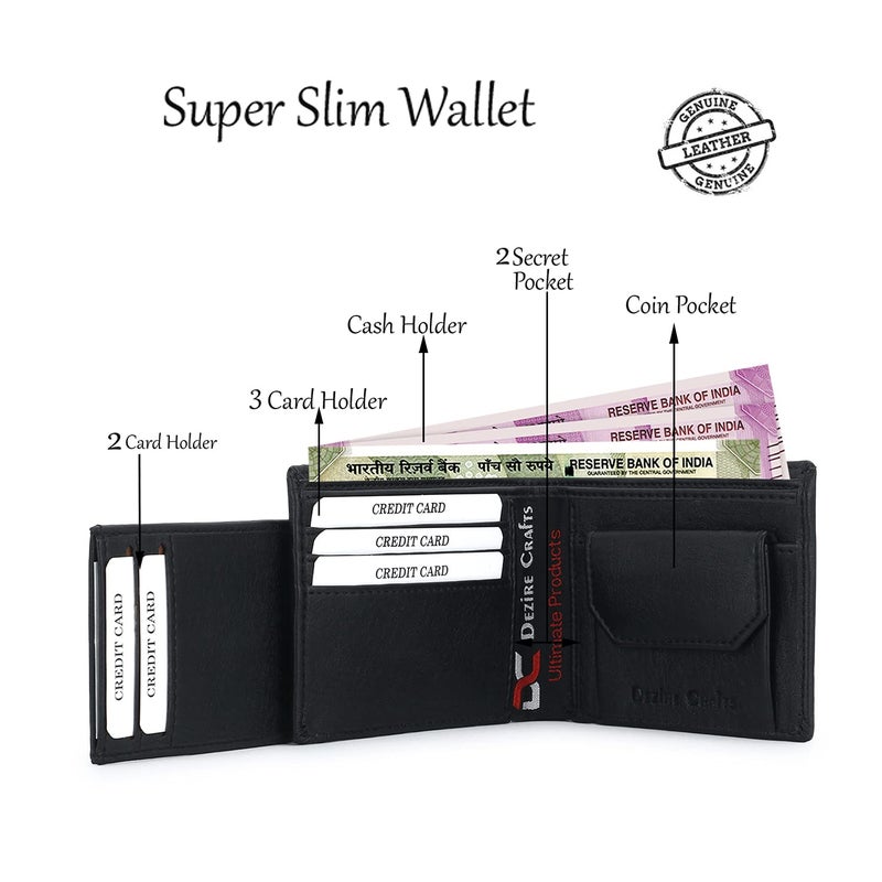 Dezire Crafts Men's Bi-Fold, Textured PU Leather/Slim Wallets with Detachable Card Slot Case (Black) - Image 4