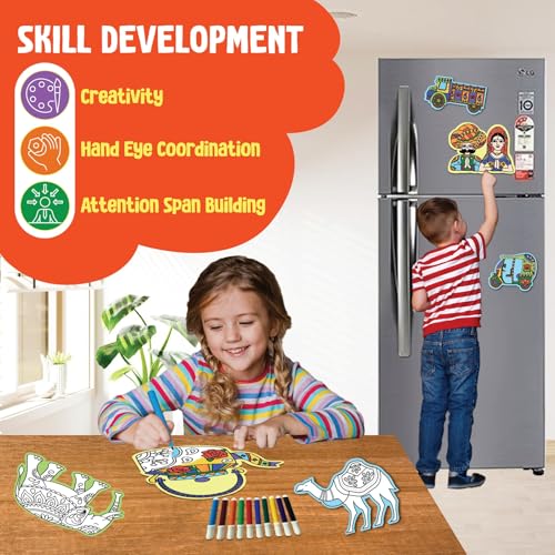 SparkLPlay DIY Craft Kit. Kids Birthday Return Gifts (Pack of 3) Each Pack - 6 Fridge Magnet Cutouts, 12 Pens, 3 Gift Bags, Mess Free. (Indian Arts) - Image 4