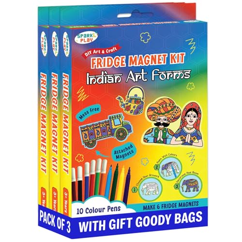 SparkLPlay DIY Craft Kit. Kids Birthday Return Gifts (Pack of 3) Each Pack - 6 Fridge Magnet Cutouts, 12 Pens, 3 Gift Bags, Mess Free. (Indian Arts) - Image 1