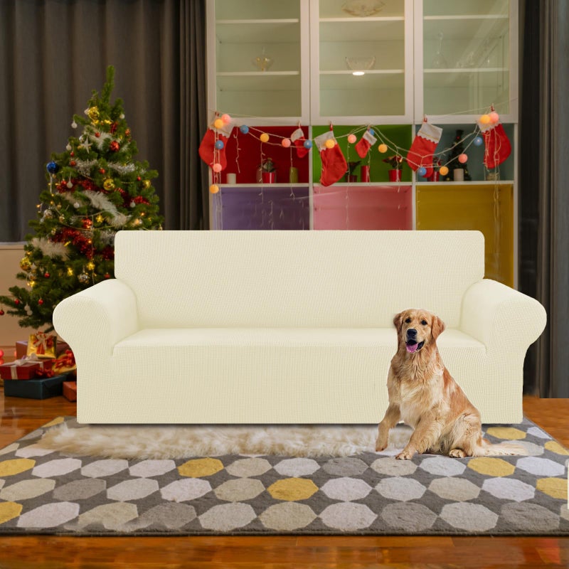 KEKUOU Stretch Sofa Cover Slipcover ï¼ŒCouch Covers for 3 Cushion Couch Sofa pet Friendly (78"-94") Furniture Protector Sofa with Elastic Bottom for Kids,Dog, Jacquard Small Checked(Large,Beige) - Image 2