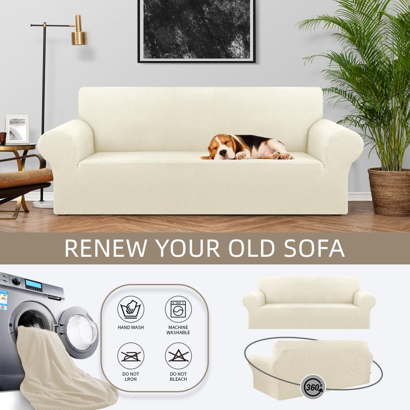KEKUOU Stretch Sofa Cover Slipcover ï¼ŒCouch Covers for 3 Cushion Couch Sofa pet Friendly (78"-94") Furniture Protector Sofa with Elastic Bottom for Kids,Dog, Jacquard Small Checked(Large,Beige) - Image 3