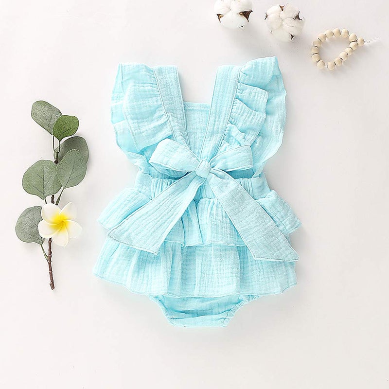 Douhoow Newborn Baby Girls Romper Ruffle Jumpsuit Bodysuit One-Piece Cotton Linen Outfits Clothes (Blue,3-6 Months) - Image 3