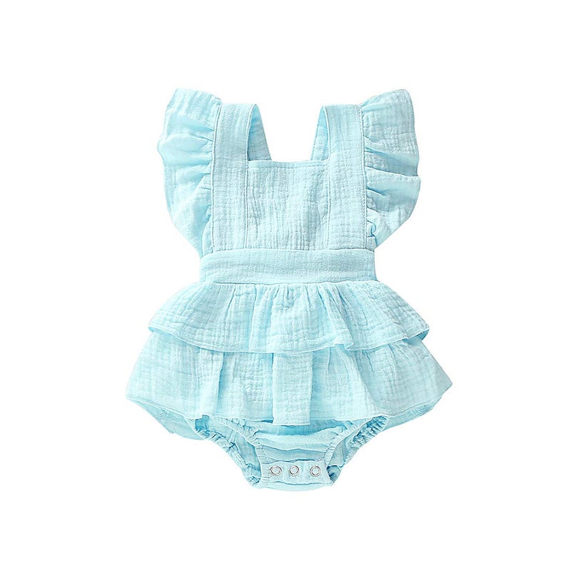Douhoow Newborn Baby Girls Romper Ruffle Jumpsuit Bodysuit One-Piece Cotton Linen Outfits Clothes (Blue,3-6 Months) - Image 1