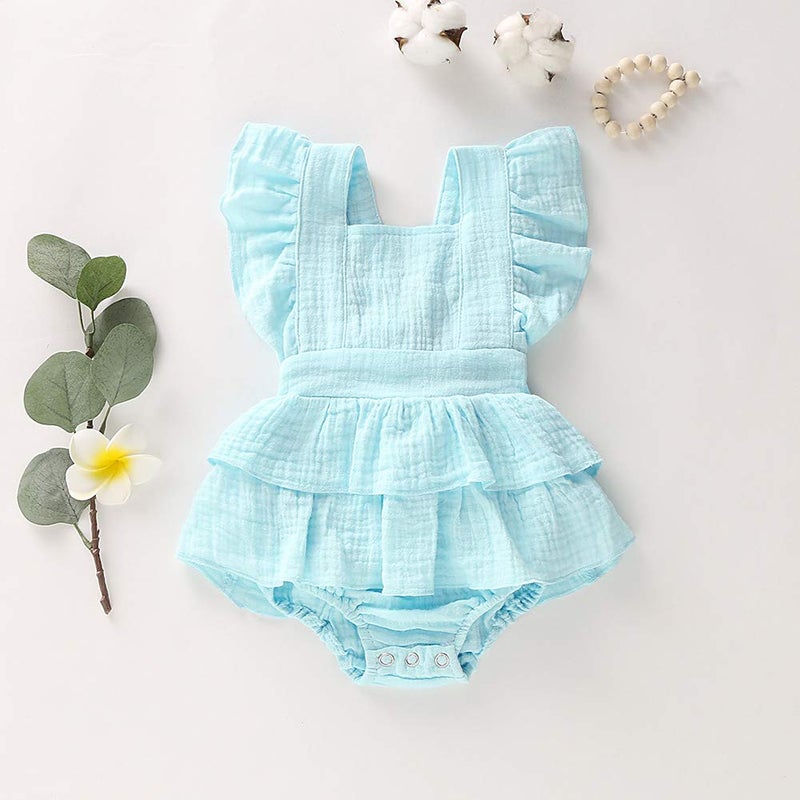 Douhoow Newborn Baby Girls Romper Ruffle Jumpsuit Bodysuit One-Piece Cotton Linen Outfits Clothes (Blue,3-6 Months) - Image 2