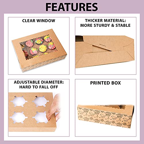 mudrit Kraft Cupcake Boxes with Insert, Brown Cupcake Carrier, Food Grade Kraft Bakery Boxes with Windows and Inserts (10 pcs, 12 holder) - Image 4