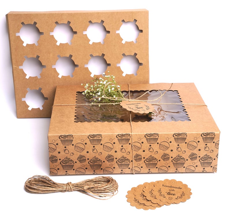 mudrit Kraft Cupcake Boxes with Insert, Brown Cupcake Carrier, Food Grade Kraft Bakery Boxes with Windows and Inserts (10 pcs, 12 holder) - Image 1