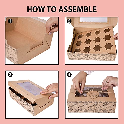 mudrit Kraft Cupcake Boxes with Insert, Brown Cupcake Carrier, Food Grade Kraft Bakery Boxes with Windows and Inserts (10 pcs, 12 holder) - Image 5