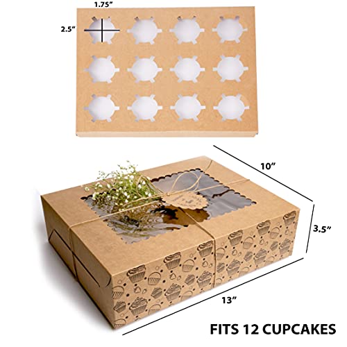mudrit Kraft Cupcake Boxes with Insert, Brown Cupcake Carrier, Food Grade Kraft Bakery Boxes with Windows and Inserts (10 pcs, 12 holder) - Image 3