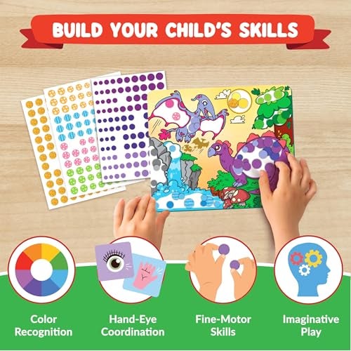Funcils Dot Sticker Art Activity - Dinosaurs Dot Art, No Mess Crafts for Kids, Stocking Stuffers Toddlers, DIY Activity, Educational Gifts for Boys & Girls Ages 3, 4, 5, 6, 7 Year Old, Travel Toys - Image 5