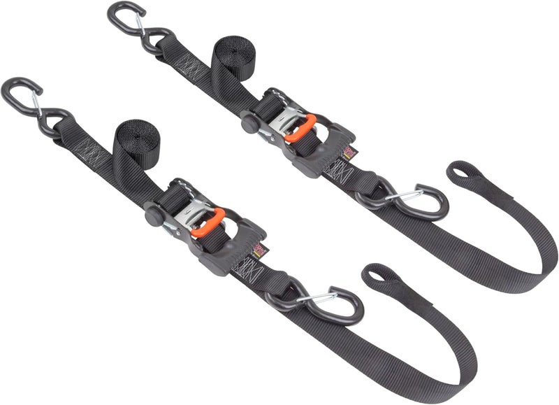 Powertye 1.5in x 6.5ft Ergonomic Locking Ratchet Soft-Tye Straps with Heavy-Duty Latch Hooks, Black/Black (Pair) - Image 1