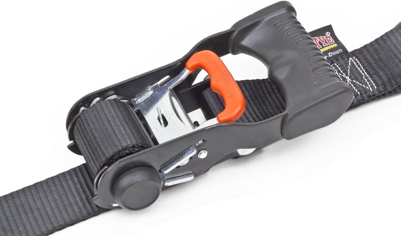 Powertye 1.5in x 6.5ft Ergonomic Locking Ratchet Soft-Tye Straps with Heavy-Duty Latch Hooks, Black/Black (Pair) - Image 2
