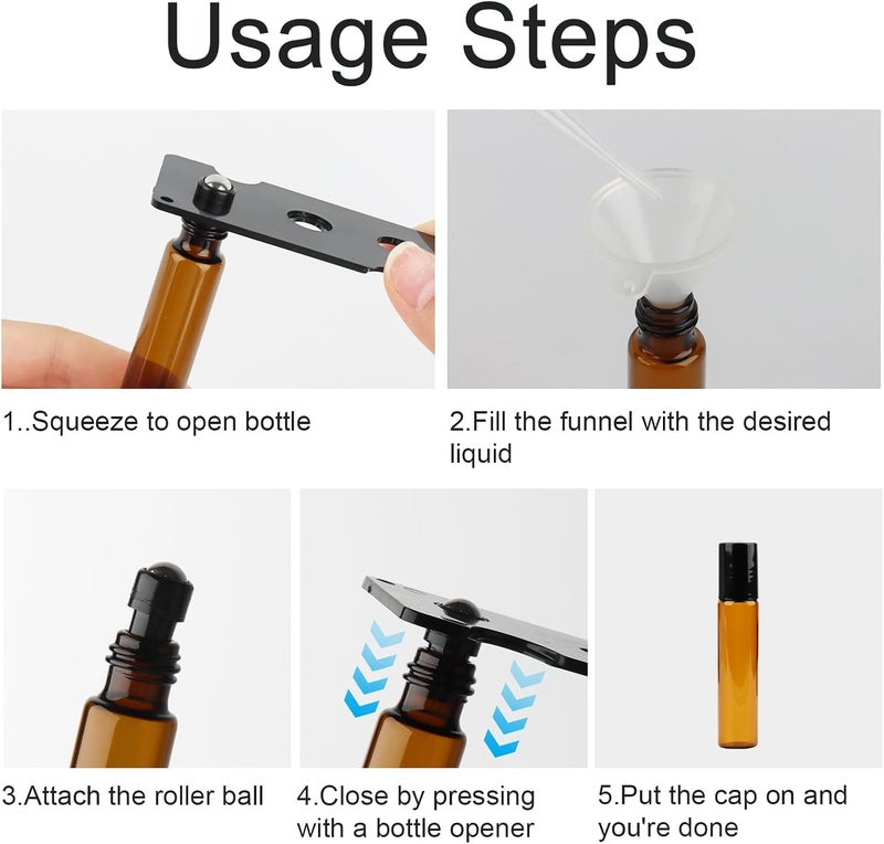 talifoca 10 ml roll-on glass bottles for essential oil, pack of 10 brown empty bottles with stainless steel roller, funnel, opener, labels, pipettes for essential oils, lotions, fragrance, perfumes, cosmetics, - Image 3