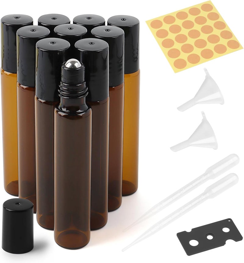 talifoca 10 ml roll-on glass bottles for essential oil, pack of 10 brown empty bottles with stainless steel roller, funnel, opener, labels, pipettes for essential oils, lotions, fragrance, perfumes, cosmetics, - Image 1