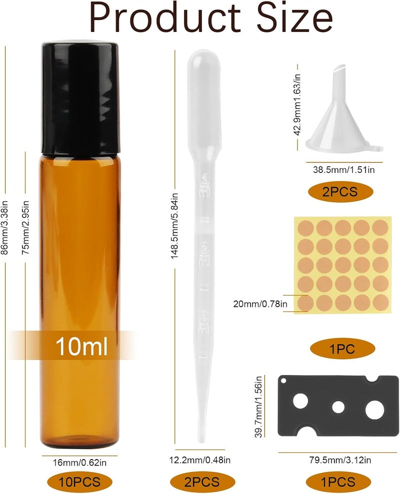 talifoca 10 ml roll-on glass bottles for essential oil, pack of 10 brown empty bottles with stainless steel roller, funnel, opener, labels, pipettes for essential oils, lotions, fragrance, perfumes, cosmetics, - Image 2