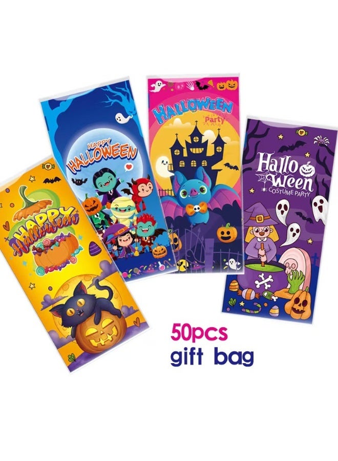 50 قطعة من أكياس حلوى هدايا الهالوين المصنوعة من السيلوفان بتصميم كرتوني - 4 تصاميم متنوعة، بتصميم جيب مسطح لتغليف الخبز والوجبات الخفيفة والبسكويت - Image 3