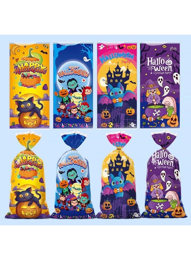 50 قطعة من أكياس حلوى هدايا الهالوين المصنوعة من السيلوفان بتصميم كرتوني - 4 تصاميم متنوعة، بتصميم جيب مسطح لتغليف الخبز والوجبات الخفيفة والبسكويت - Image 1