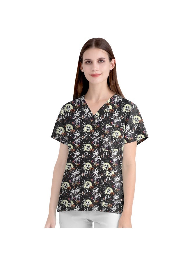 NIBEMINENT Elastic Teeth Dental Christmas Cartoon Pattern Short Sleeved Women's V-Neck Printed Top Nurse Uniform - Image 1
