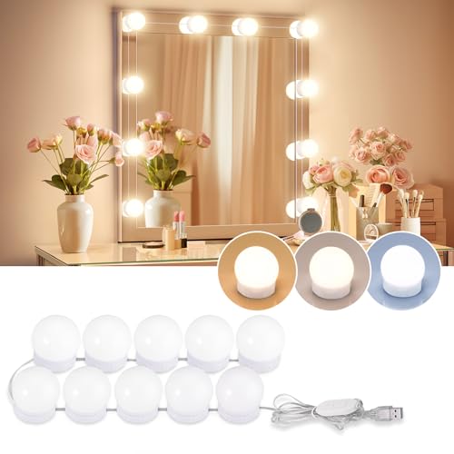 Consciot LED Vanity Lights For Mirror, Consciot Hollywood Style With 10 Dimmable Bulbs, Adjustable Color & Brightness, USB Cable, Stick on for Makeup Table Dressing Room Mirror - Image 1
