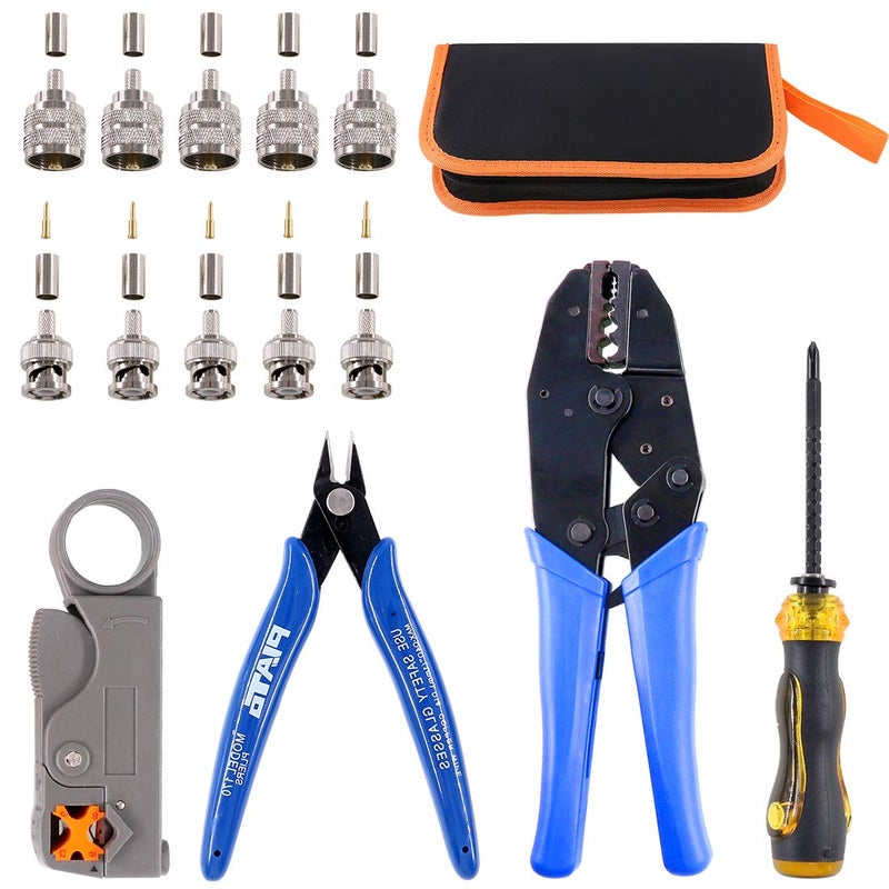 Glarks Coaxial Cable Tool Set, Coax RF Connector Crimping Tool + Coaxial Cable Stripper + BNC/UHF Crimp Male Connectors + Wire Cutter + Screw Driver for RG58, RG59, RG62, RG174 - Image 1