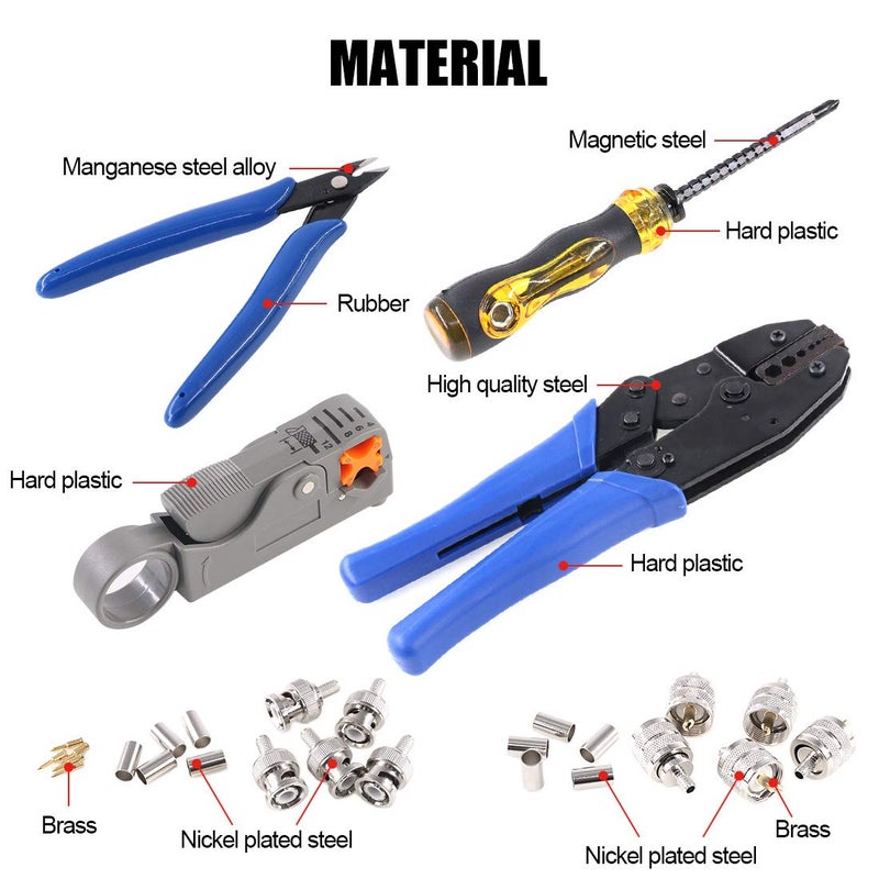 Glarks Coaxial Cable Tool Set, Coax RF Connector Crimping Tool + Coaxial Cable Stripper + BNC/UHF Crimp Male Connectors + Wire Cutter + Screw Driver for RG58, RG59, RG62, RG174 - Image 3