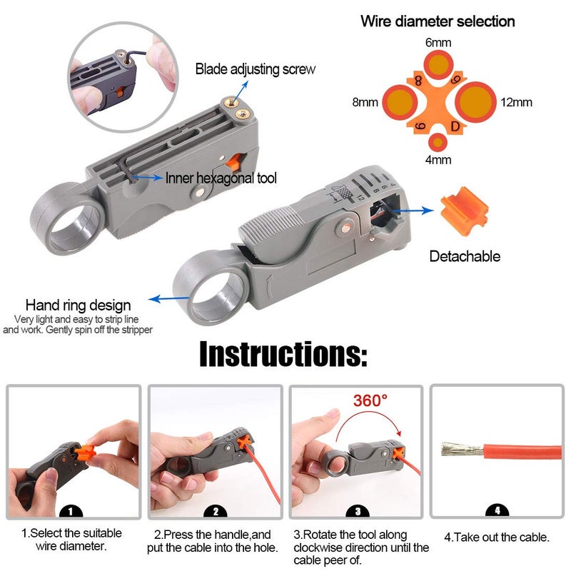 Glarks Coaxial Cable Tool Set, Coax RF Connector Crimping Tool + Coaxial Cable Stripper + BNC/UHF Crimp Male Connectors + Wire Cutter + Screw Driver for RG58, RG59, RG62, RG174 - Image 5