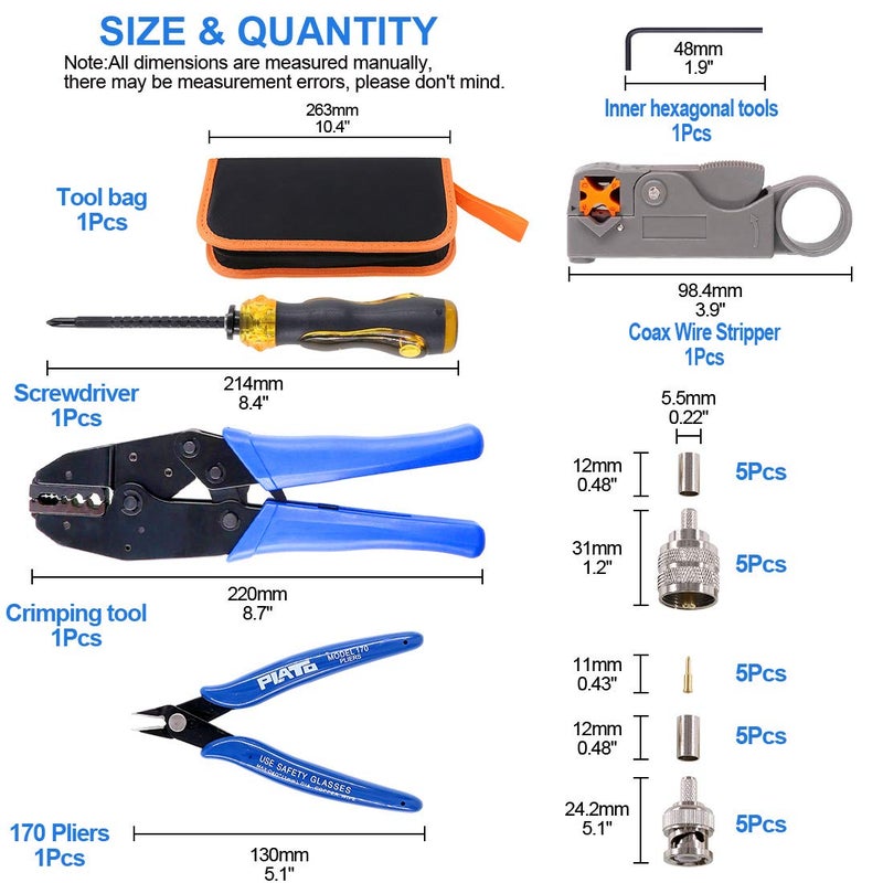 Glarks Coaxial Cable Tool Set, Coax RF Connector Crimping Tool + Coaxial Cable Stripper + BNC/UHF Crimp Male Connectors + Wire Cutter + Screw Driver for RG58, RG59, RG62, RG174 - Image 2