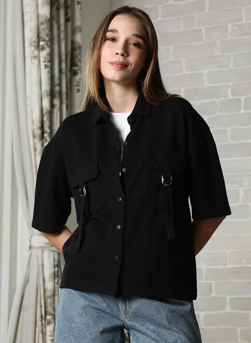 Campus Sutra Pinacolada Women's Onyx Black Utility Oversized Shirt For Casual Wear | Spread Collar | Short Regular Sleeves | Button Closure | Oversized Shirt Designed With Comfortable Fit For Woman & Girls