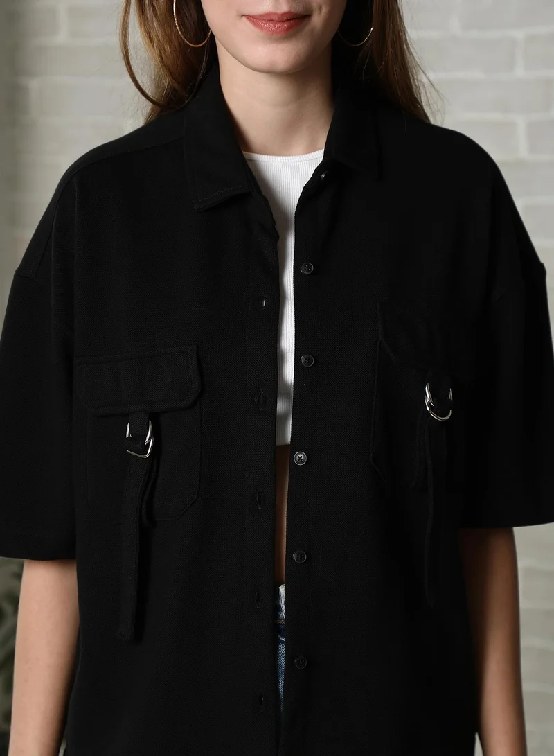 Campus Sutra Pinacolada Women's Onyx Black Utility Oversized Shirt For Casual Wear | Spread Collar | Short Regular Sleeves | Button Closure | Oversized Shirt Designed With Comfortable Fit For Woman & Girls