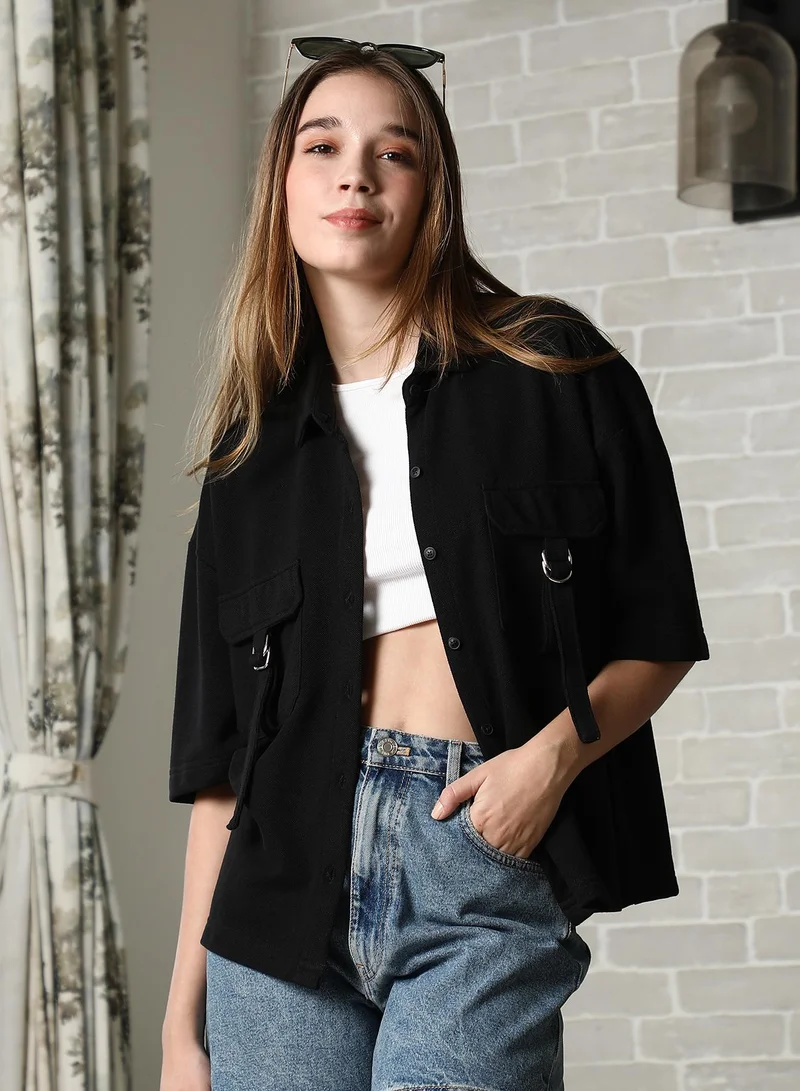 Campus Sutra Pinacolada Women's Onyx Black Utility Oversized Shirt For Casual Wear | Spread Collar | Short Regular Sleeves | Button Closure | Oversized Shirt Designed With Comfortable Fit For Woman & Girls