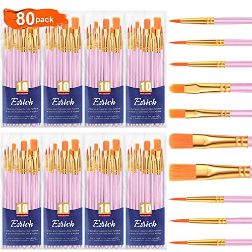 ESRICH Acrylic Paint Brushes Set, 8Packs /80 Pcs, Nylon Brush Head, Suitable for Acrylic, Oil, Watercolor,Rock Body Face Nail Art,Perfect Suit of Art Painting, Best Gift for Kids Adult Drawing(Pink) - Image 1