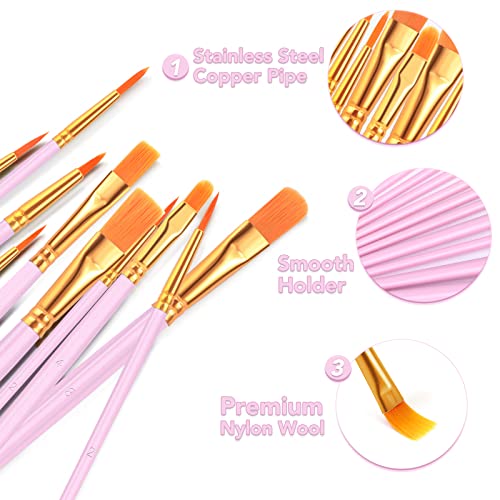 ESRICH Acrylic Paint Brushes Set, 8Packs /80 Pcs, Nylon Brush Head, Suitable for Acrylic, Oil, Watercolor,Rock Body Face Nail Art,Perfect Suit of Art Painting, Best Gift for Kids Adult Drawing(Pink) - Image 4